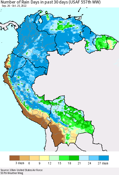 Northern South America Number of Rain Days in past 30 days (USAF 557th WW) 10/25/2022 Thematic Map For 10/21/2022 - 10/25/2022