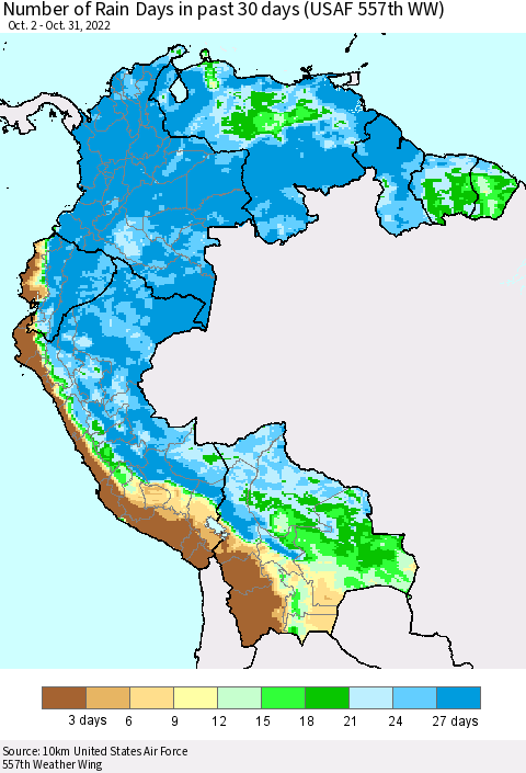 Northern South America Number of Rain Days in past 30 days (USAF 557th WW) 10/31/2022 Thematic Map For 10/26/2022 - 10/31/2022