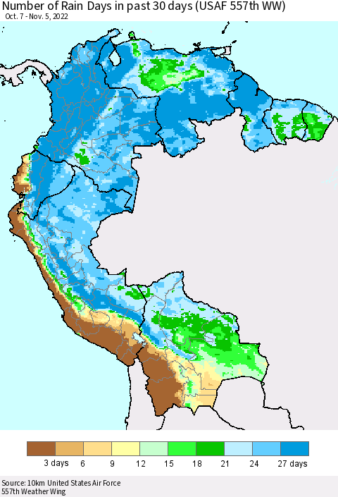 Northern South America Number of Rain Days in past 30 days (USAF 557th WW) 11/05/2022 Thematic Map For 11/1/2022 - 11/5/2022