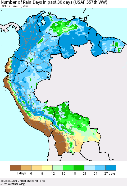 Northern South America Number of Rain Days in past 30 days (USAF 557th WW) 11/10/2022 Thematic Map For 11/6/2022 - 11/10/2022