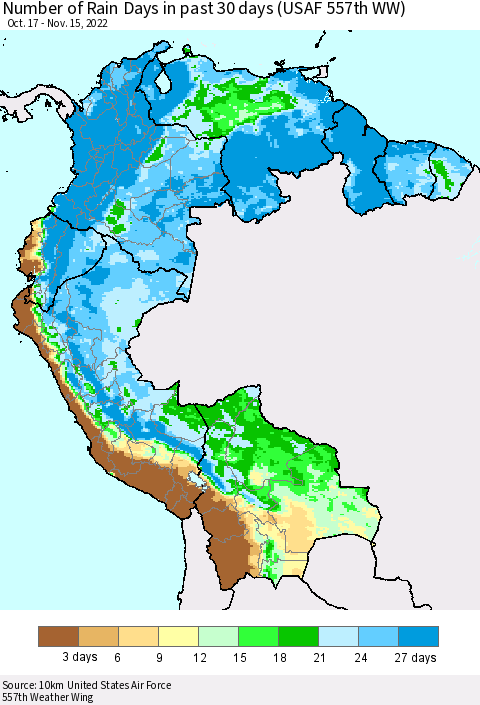 Northern South America Number of Rain Days in past 30 days (USAF 557th WW) 11/15/2022 Thematic Map For 11/11/2022 - 11/15/2022