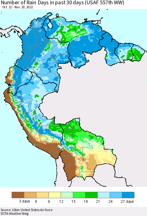 Northern South America Number of Rain Days in past 30 days (USAF 557th WW) 11/20/2022 Thematic Map For 11/16/2022 - 11/20/2022
