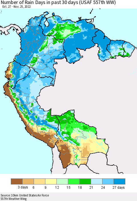 Northern South America Number of Rain Days in past 30 days (USAF 557th WW) 11/25/2022 Thematic Map For 11/21/2022 - 11/25/2022