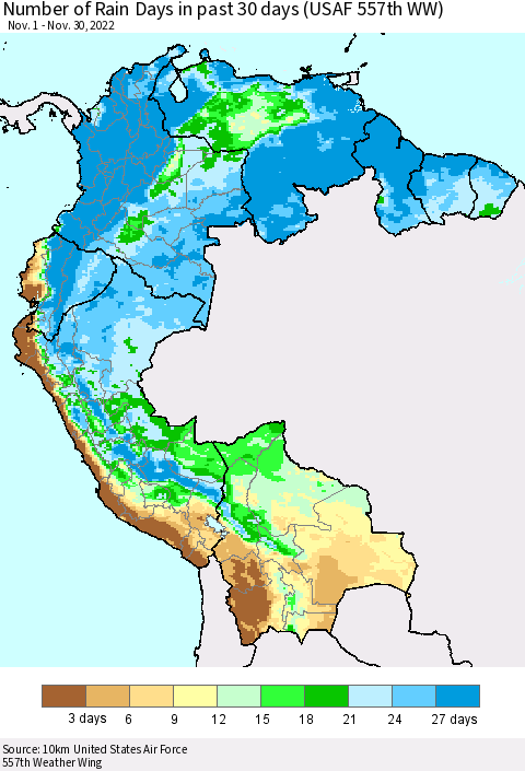 Northern South America Number of Rain Days in past 30 days (USAF 557th WW) 11/30/2022 Thematic Map For 11/26/2022 - 11/30/2022
