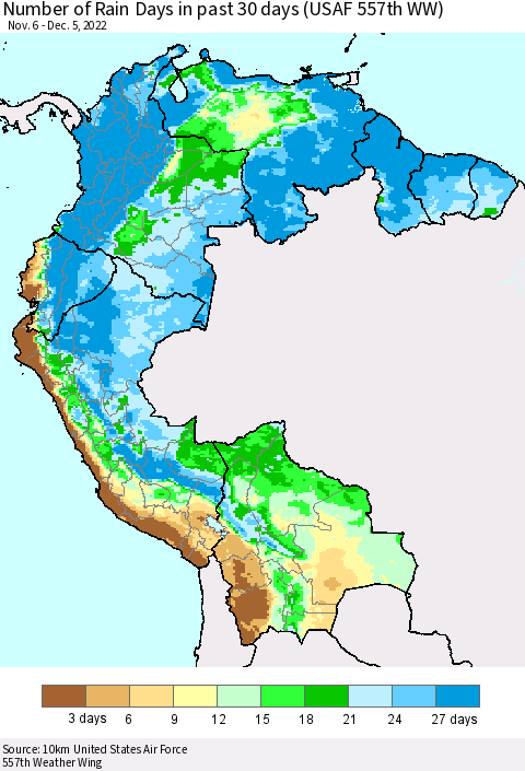 Northern South America Number of Rain Days in past 30 days (USAF 557th WW) 12/05/2022 Thematic Map For 12/1/2022 - 12/5/2022