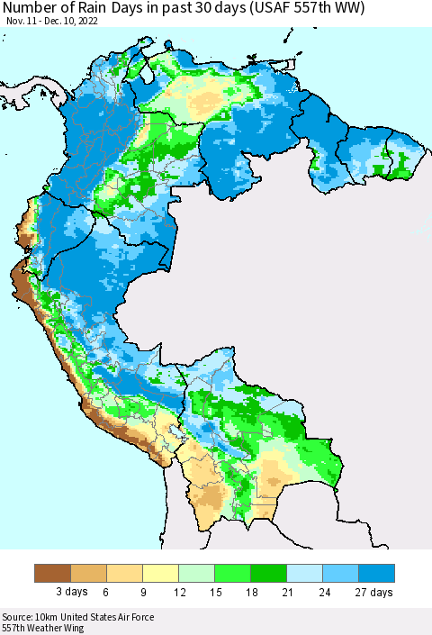 Northern South America Number of Rain Days in past 30 days (USAF 557th WW) 12/10/2022 Thematic Map For 12/6/2022 - 12/10/2022