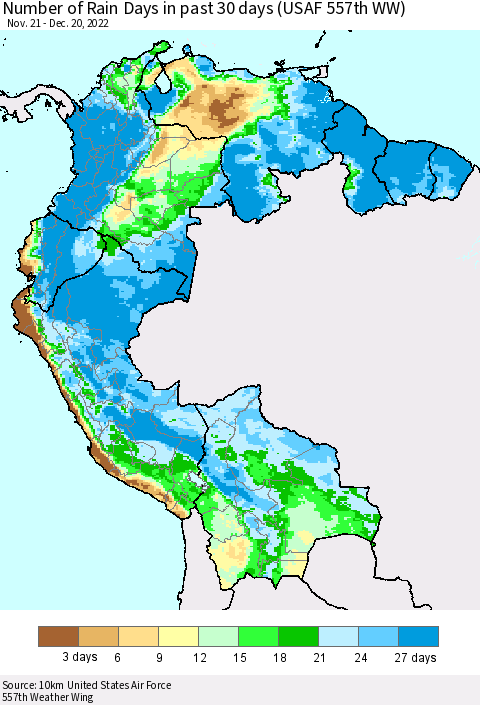 Northern South America Number of Rain Days in past 30 days (USAF 557th WW) 12/20/2022 Thematic Map For 12/16/2022 - 12/20/2022
