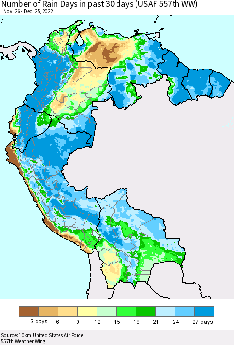 Northern South America Number of Rain Days in past 30 days (USAF 557th WW) 12/25/2022 Thematic Map For 12/21/2022 - 12/25/2022