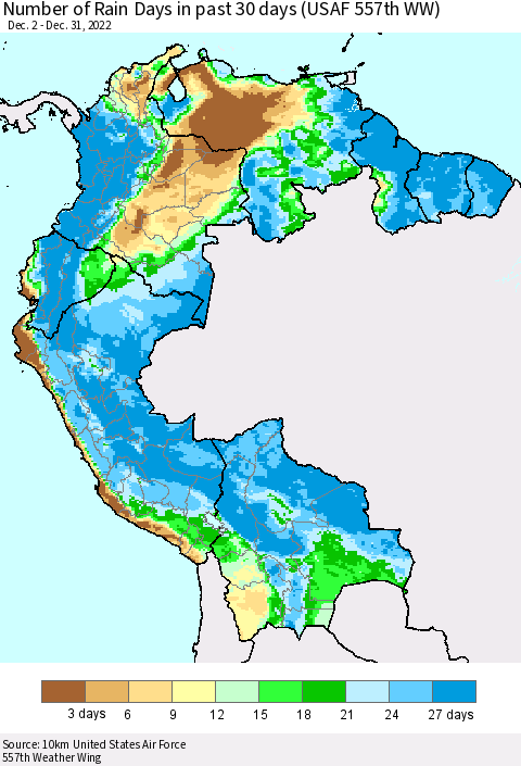 Northern South America Number of Rain Days in past 30 days (USAF 557th WW) 12/31/2022 Thematic Map For 12/26/2022 - 12/31/2022