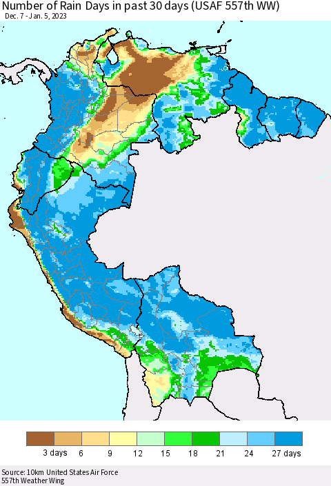 Northern South America Number of Rain Days in past 30 days (USAF 557th WW) 01/05/2023 Thematic Map For 1/1/2023 - 1/5/2023