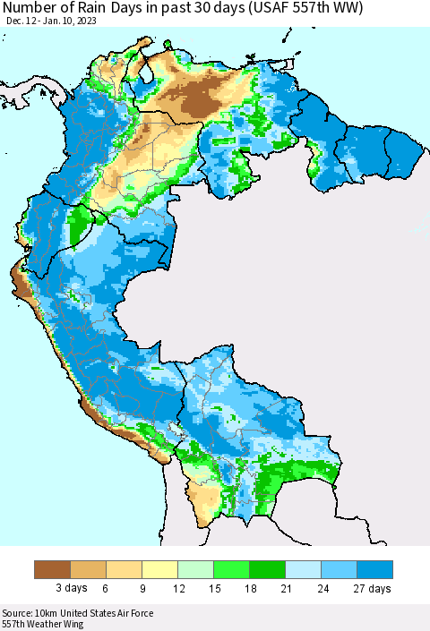 Northern South America Number of Rain Days in past 30 days (USAF 557th WW) 01/10/2023 Thematic Map For 1/6/2023 - 1/10/2023