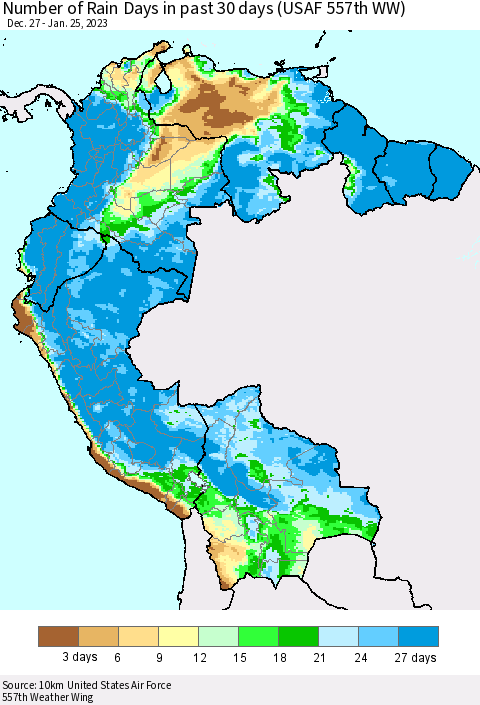 Northern South America Number of Rain Days in past 30 days (USAF 557th WW) 01/25/2023 Thematic Map For 1/21/2023 - 1/25/2023
