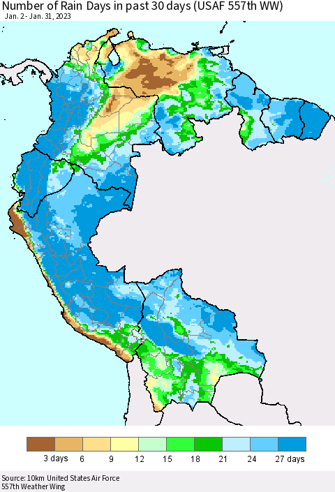 Northern South America Number of Rain Days in past 30 days (USAF 557th WW) 01/31/2023 Thematic Map For 1/26/2023 - 1/31/2023