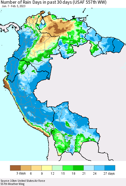 Northern South America Number of Rain Days in past 30 days (USAF 557th WW) 02/05/2023 Thematic Map For 2/1/2023 - 2/5/2023