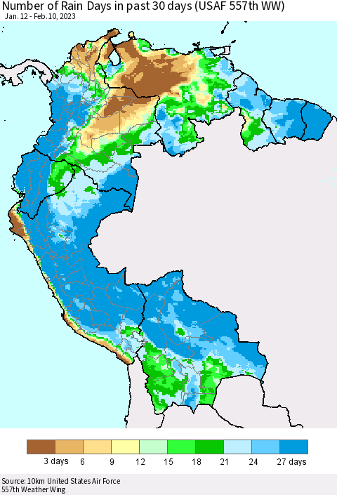 Northern South America Number of Rain Days in past 30 days (USAF 557th WW) 02/10/2023 Thematic Map For 2/6/2023 - 2/10/2023