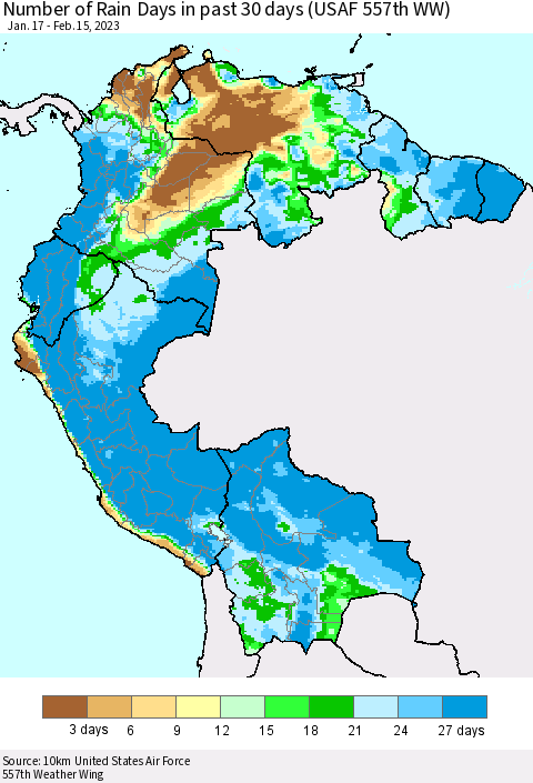 Northern South America Number of Rain Days in past 30 days (USAF 557th WW) 02/15/2023 Thematic Map For 2/11/2023 - 2/15/2023