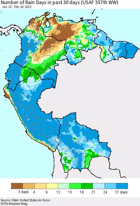 Northern South America Number of Rain Days in past 30 days (USAF 557th WW) 02/20/2023 Thematic Map For 2/16/2023 - 2/20/2023