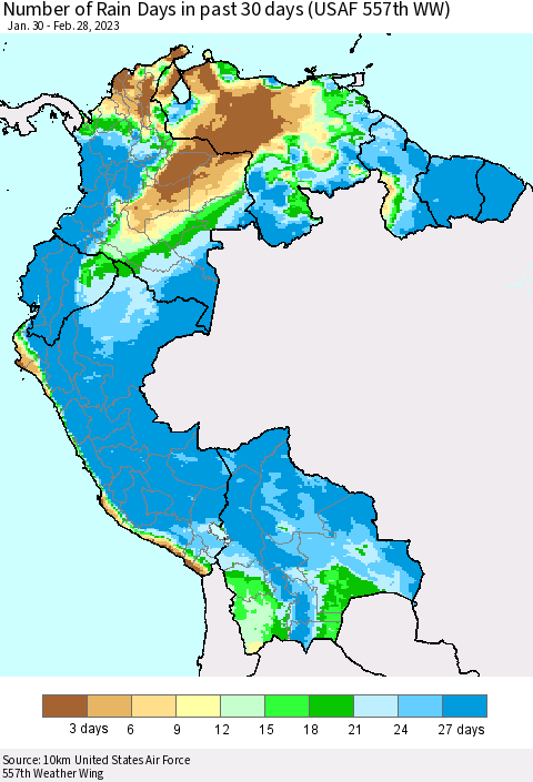 Northern South America Number of Rain Days in past 30 days (USAF 557th WW) 02/28/2023 Thematic Map For 2/26/2023 - 2/28/2023