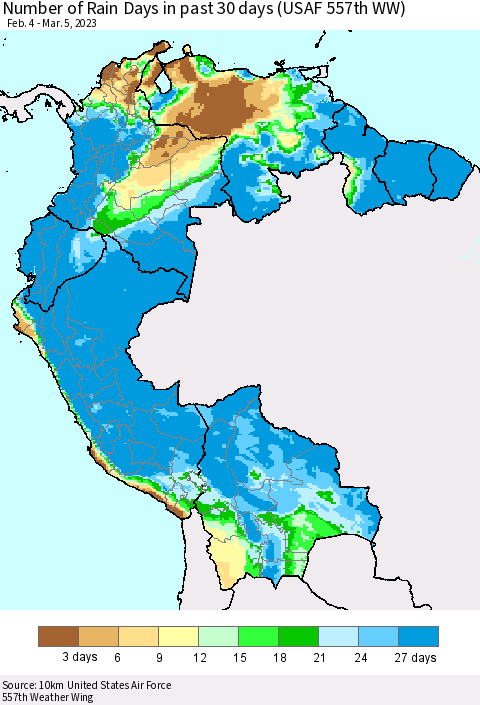 Northern South America Number of Rain Days in past 30 days (USAF 557th WW) 03/05/2023 Thematic Map For 3/1/2023 - 3/5/2023