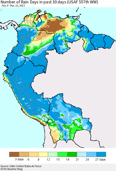 Northern South America Number of Rain Days in past 30 days (USAF 557th WW) 03/10/2023 Thematic Map For 3/6/2023 - 3/10/2023