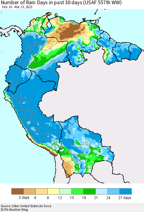 Northern South America Number of Rain Days in past 30 days (USAF 557th WW) 03/15/2023 Thematic Map For 3/11/2023 - 3/15/2023