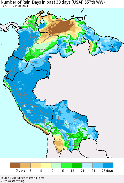 Northern South America Number of Rain Days in past 30 days (USAF 557th WW) 03/20/2023 Thematic Map For 3/16/2023 - 3/20/2023