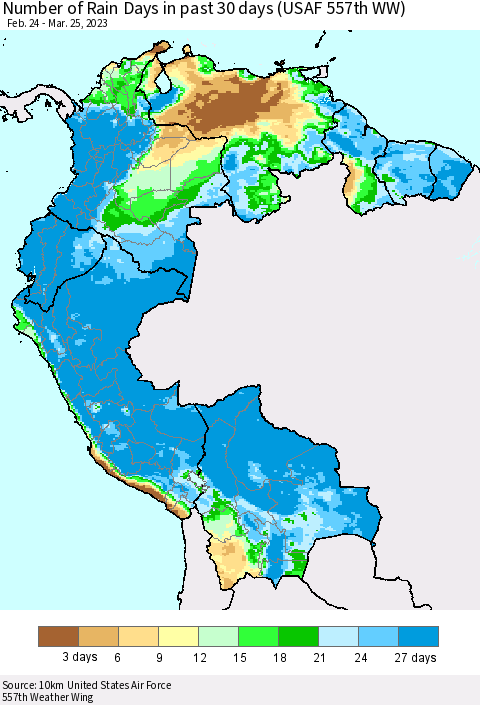 Northern South America Number of Rain Days in past 30 days (USAF 557th WW) 03/25/2023 Thematic Map For 3/21/2023 - 3/25/2023