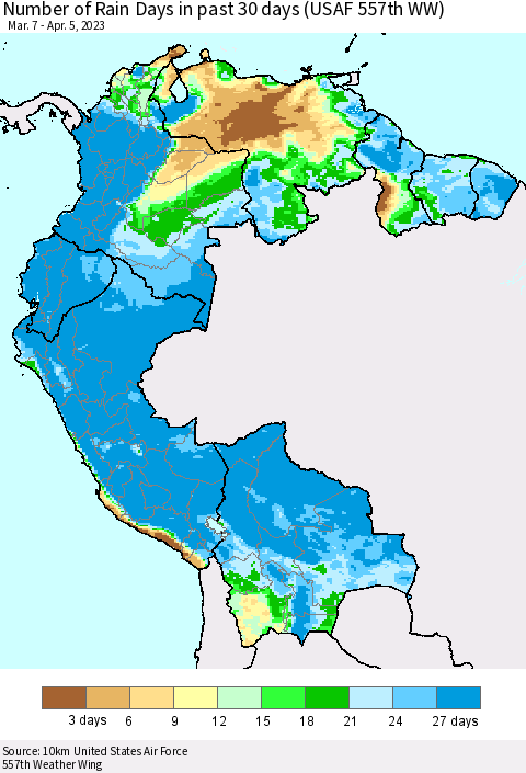 Northern South America Number of Rain Days in past 30 days (USAF 557th WW) 04/05/2023 Thematic Map For 4/1/2023 - 4/5/2023