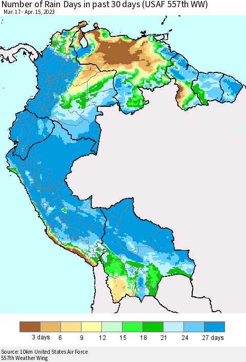 Northern South America Number of Rain Days in past 30 days (USAF 557th WW) 04/15/2023 Thematic Map For 4/11/2023 - 4/15/2023