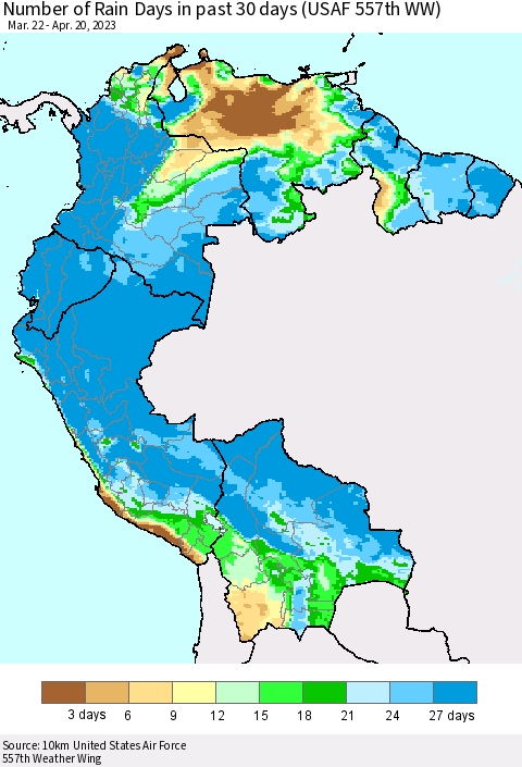 Northern South America Number of Rain Days in past 30 days (USAF 557th WW) 04/20/2023 Thematic Map For 4/16/2023 - 4/20/2023