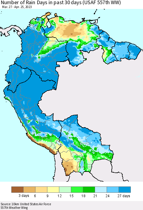 Northern South America Number of Rain Days in past 30 days (USAF 557th WW) 04/25/2023 Thematic Map For 4/21/2023 - 4/25/2023