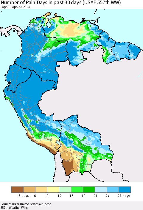 Northern South America Number of Rain Days in past 30 days (USAF 557th WW) 04/30/2023 Thematic Map For 4/26/2023 - 4/30/2023