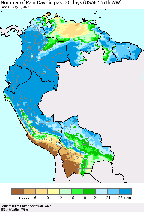 Northern South America Number of Rain Days in past 30 days (USAF 557th WW) 05/05/2023 Thematic Map For 5/1/2023 - 5/5/2023