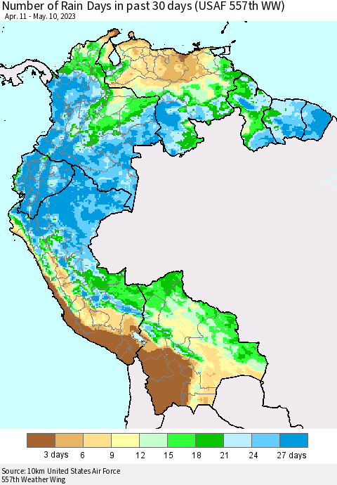 Northern South America Number of Rain Days in past 30 days (USAF 557th WW) 05/10/2023 Thematic Map For 5/6/2023 - 5/10/2023