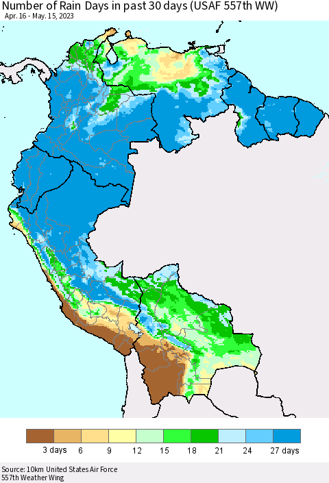 Northern South America Number of Rain Days in past 30 days (USAF 557th WW) 05/15/2023 Thematic Map For 5/11/2023 - 5/15/2023