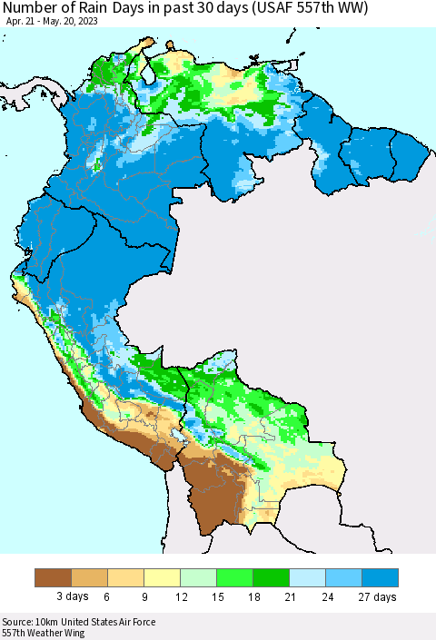 Northern South America Number of Rain Days in past 30 days (USAF 557th WW) 05/20/2023 Thematic Map For 5/16/2023 - 5/20/2023