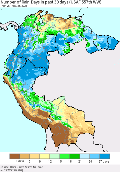 Northern South America Number of Rain Days in past 30 days (USAF 557th WW) 05/25/2023 Thematic Map For 5/21/2023 - 5/25/2023