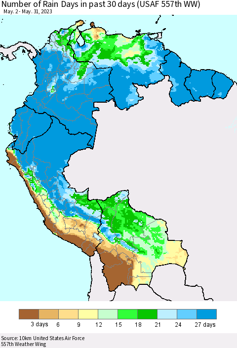 Northern South America Number of Rain Days in past 30 days (USAF 557th WW) 05/31/2023 Thematic Map For 5/26/2023 - 5/31/2023