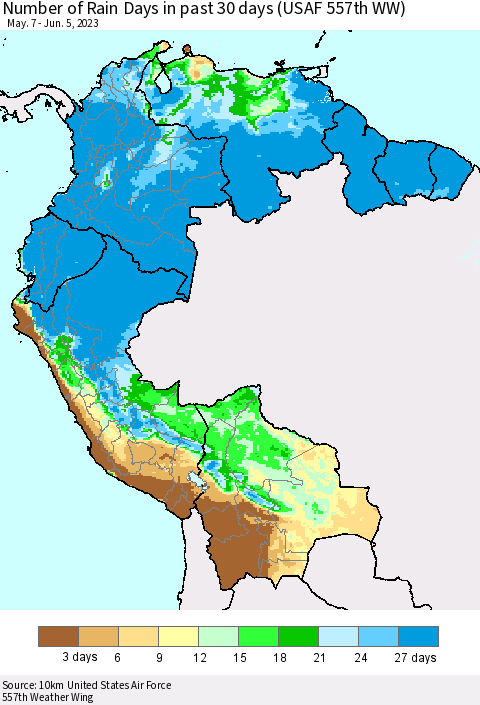 Northern South America Number of Rain Days in past 30 days (USAF 557th WW) 06/05/2023 Thematic Map For 6/1/2023 - 6/5/2023