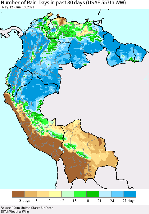 Northern South America Number of Rain Days in past 30 days (USAF 557th WW) 06/10/2023 Thematic Map For 6/6/2023 - 6/10/2023