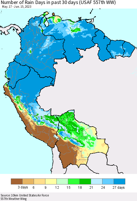 Northern South America Number of Rain Days in past 30 days (USAF 557th WW) 06/15/2023 Thematic Map For 6/11/2023 - 6/15/2023