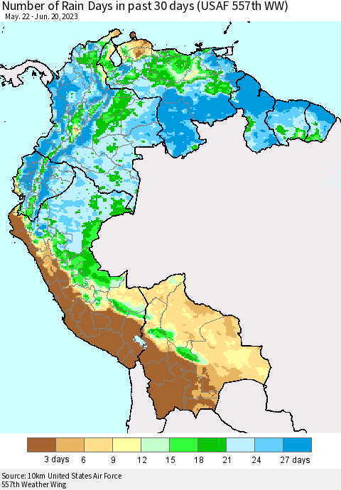 Northern South America Number of Rain Days in past 30 days (USAF 557th WW) 06/20/2023 Thematic Map For 6/16/2023 - 6/20/2023