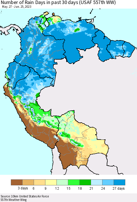 Northern South America Number of Rain Days in past 30 days (USAF 557th WW) 06/25/2023 Thematic Map For 6/21/2023 - 6/25/2023