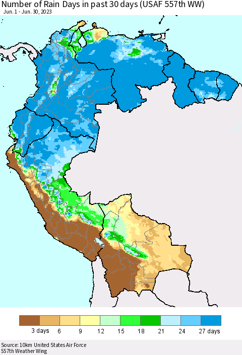 Northern South America Number of Rain Days in past 30 days (USAF 557th WW) 06/30/2023 Thematic Map For 6/26/2023 - 6/30/2023