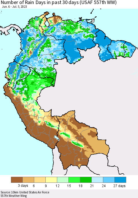 Northern South America Number of Rain Days in past 30 days (USAF 557th WW) 07/05/2023 Thematic Map For 7/1/2023 - 7/5/2023