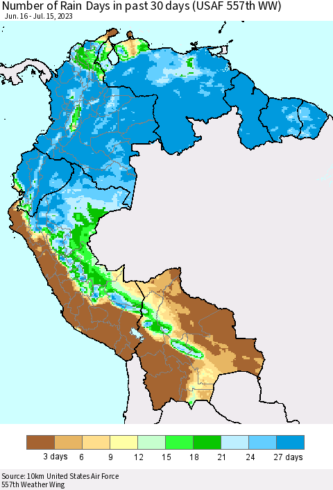 Northern South America Number of Rain Days in past 30 days (USAF 557th WW) 07/15/2023 Thematic Map For 7/11/2023 - 7/15/2023