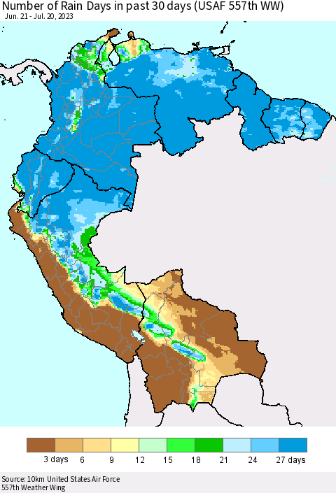 Northern South America Number of Rain Days in past 30 days (USAF 557th WW) 07/20/2023 Thematic Map For 7/16/2023 - 7/20/2023