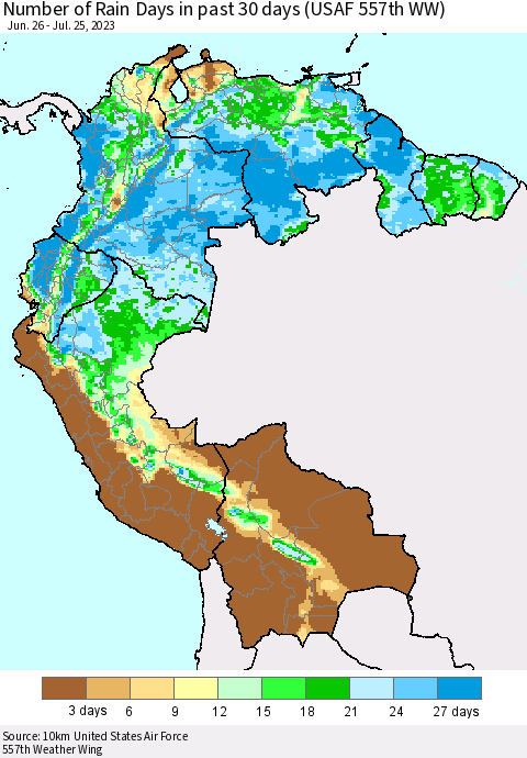 Northern South America Number of Rain Days in past 30 days (USAF 557th WW) 07/25/2023 Thematic Map For 7/21/2023 - 7/25/2023
