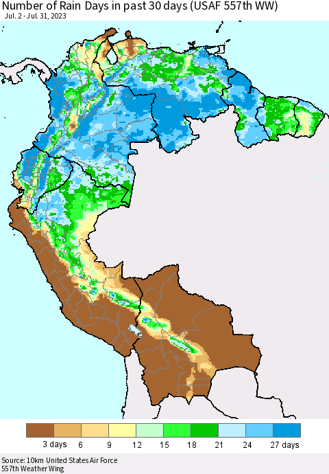 Northern South America Number of Rain Days in past 30 days (USAF 557th WW) 07/31/2023 Thematic Map For 7/26/2023 - 7/31/2023