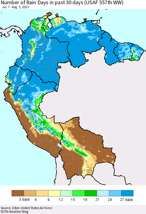 Northern South America Number of Rain Days in past 30 days (USAF 557th WW) 08/05/2023 Thematic Map For 8/1/2023 - 8/5/2023